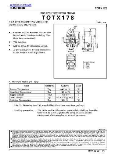Toshiba TOTX178 Fiber Optic Transmitting Module Datasheet - cover page
