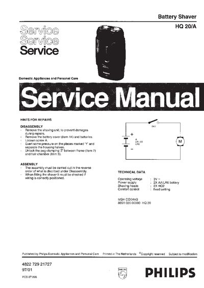 Philips HQ 20/A Battery Shaver Service Manual