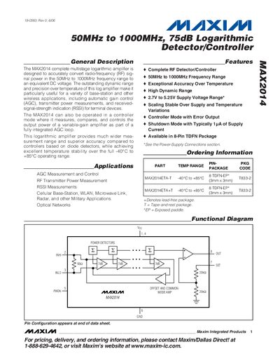 Maxim MAX2014 50MHz to 1000MHz 75dB Logarithmic Detector/Controller Data Sheet - cover page