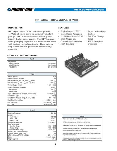 Power-One HPT Series Triple Output 15 Watt DC/DC Converter Datasheet - cover page