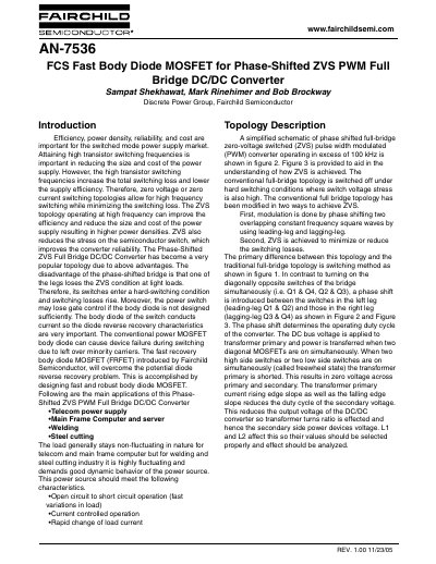 Fairchild AN-7536 FCS Fast Body Diode MOSFET for Phase-Shifted ZVS PWM Full Bridge DC/DC Converter Application Note - cover page