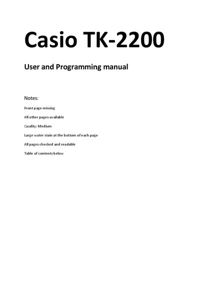 Casio TK-2200 Electronic Cash Register User and Programming Manual - cover page