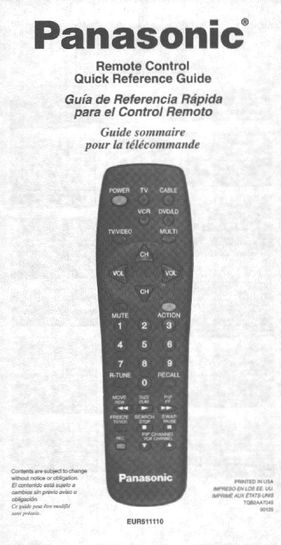 Panasonic EUR511110 Remote Control Quick Reference Guide - cover page