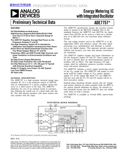 Analog Devices ADE7757 Energy Metering IC Preliminary Technical Data - cover page