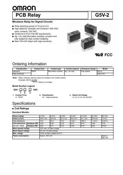 Omron G5V-2 PCB Relay Datasheet