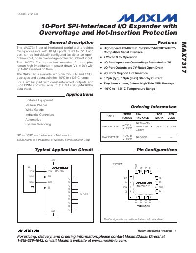 Maxim MAX7317 10-Port SPI-Interfaced I/O Expander Datasheet - cover page