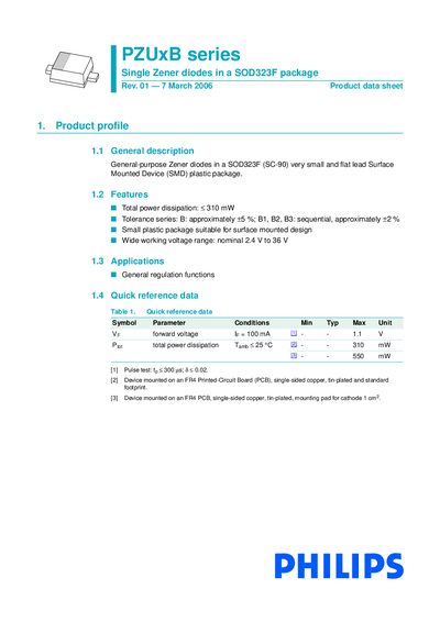PHILIPS PZUxB series Single Zener diodes in a SOD323F package Rev. 01 7 March 2006 Product data sheet - cover page