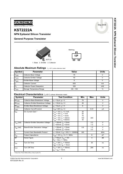Fairchild Semiconductor KST2222A NPN Transistor Datasheet - cover page