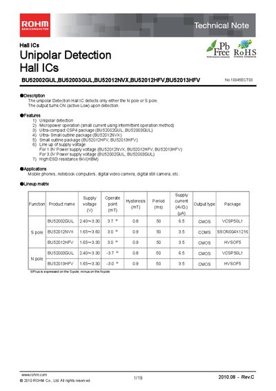 ROHM BU52002GUL/BU52003GUL/BU52012NVX/BU52012HFV/BU52013HFV Hall IC Technical Note - cover page