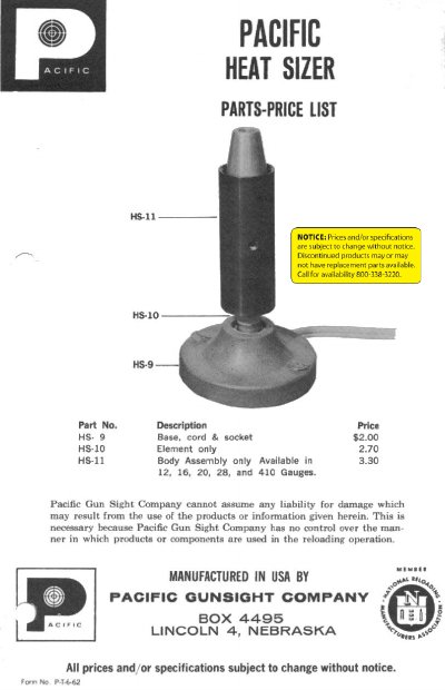 Pacific Heat Sizer Parts Price List and Operating Instructions - cover page