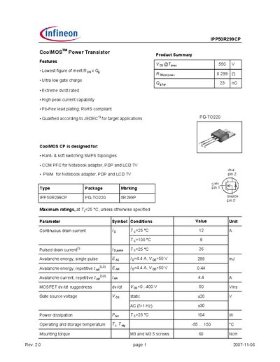 Infineon IPP50R299CP CoolMOS Power Transistor Datasheet - cover page