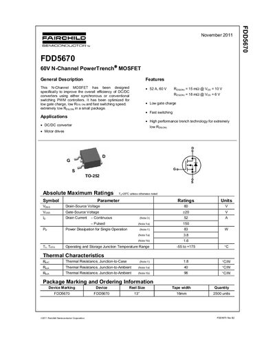 Fairchild FDD5670 N-Channel PowerTrench MOSFET Datasheet - cover page