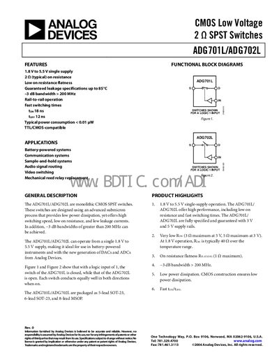 Analog Devices ADG701L/ADG702L Datasheet - cover page