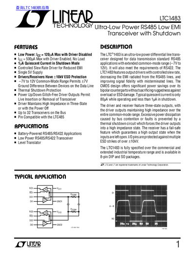 Linear Technology LTC1483 Ultra-Low Power RS485 Transceiver Datasheet - cover page