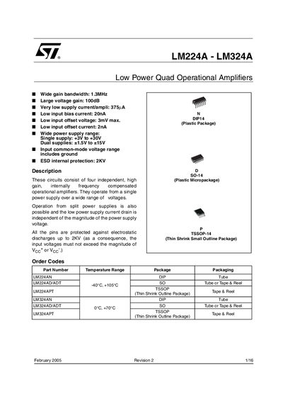 STMicroelectronics LM224A/LM324A Low Power Quad Operational Amplifiers Datasheet