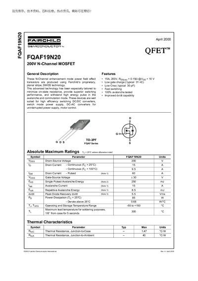 Fairchild FQAF19N20 Datasheet