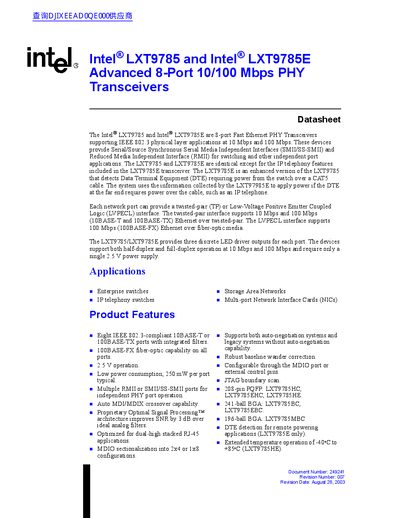 Intel LXT9785/LXT9785E Advanced 8-Port 10/100 Mbps PHY Transceivers Datasheet - cover page