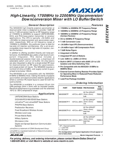 Maxim MAX2039 Mixer Datasheet - cover page