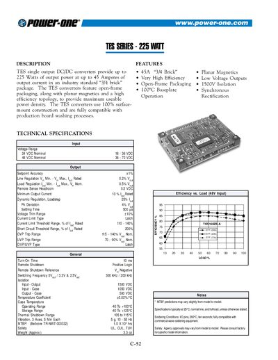 Power-One TES Series 225 Watt Datasheet - cover page