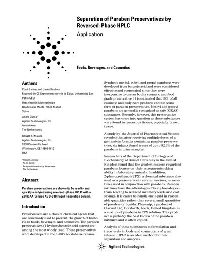 Agilent Separation of Paraben Preservatives by Reversed-Phase HPLC Application Note - cover page