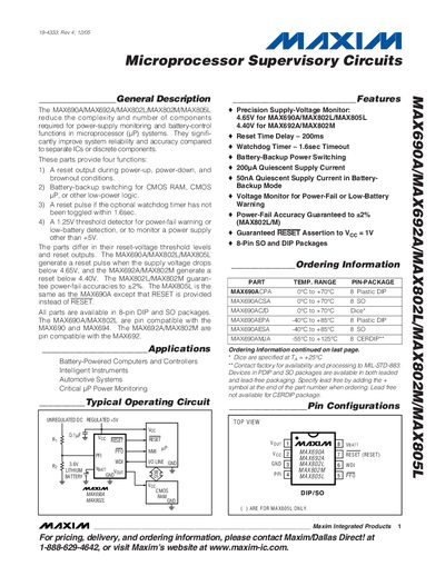Maxim MAX690A/MAX692A/MAX802L/MAX802M/MAX805L Datasheet - cover page