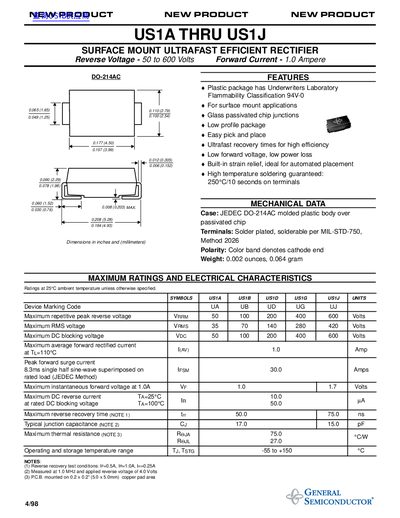 General Semiconductor US1A through US1J Surface Mount Ultrafast Efficient Rectifier Datasheet - cover page