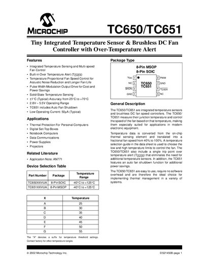 Microchip TC650/TC651 Tiny Integrated Temperature Sensor & Brushless DC Fan Controller Datasheet