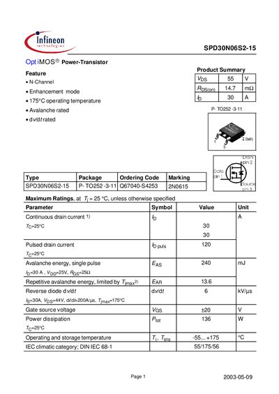 Infineon SPD30N06S2-15 Power Transistor Datasheet - cover page
