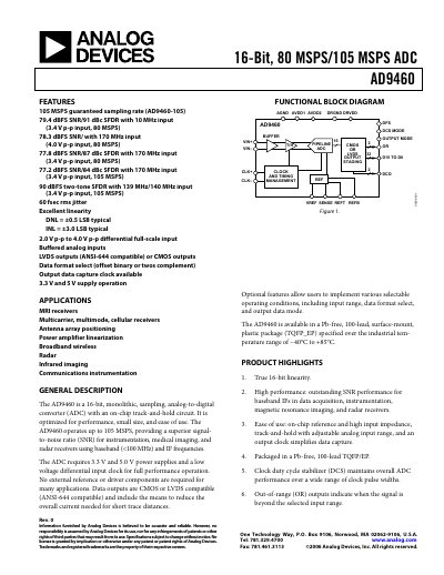 Analog Devices AD9460 ADC Datasheet - cover page