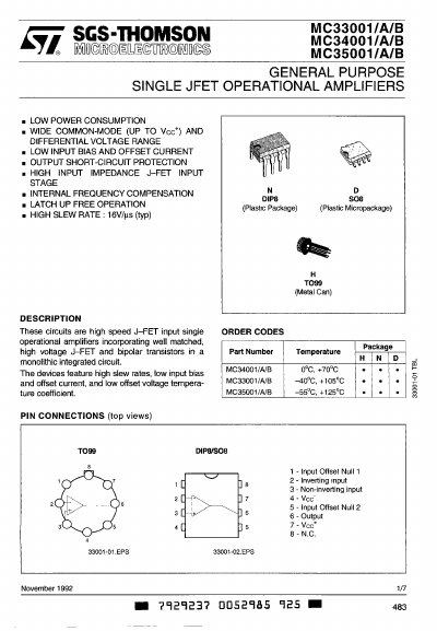 STMicroelectronics MC33001/MC34001/MC35001 General Purpose Single JFET Operational Amplifiers Datasheet - cover page