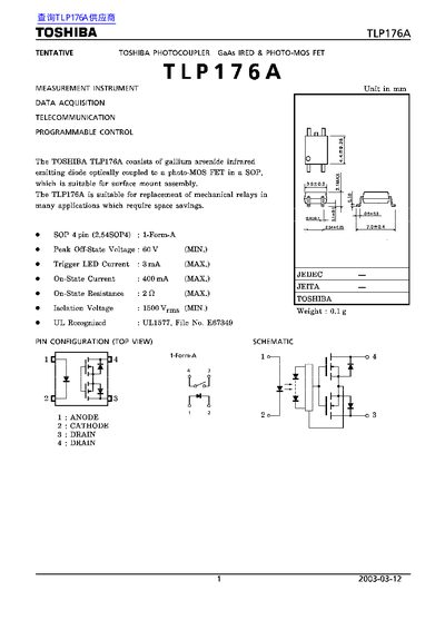 Toshiba TLP176A Optocoupler Datasheet