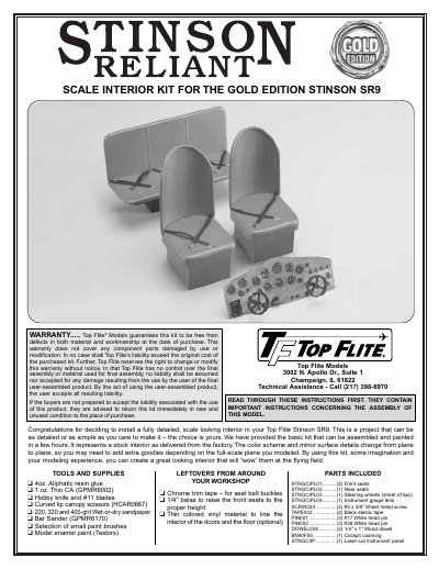 Top Flite Stinson SR9 Reliant Interior Assembly Manual - cover page