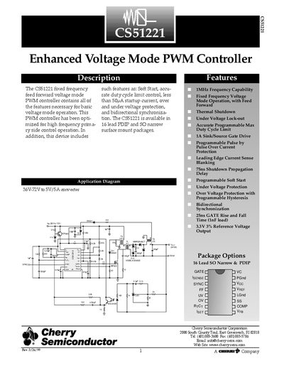 Cherry Semiconductor CS51221 Enhanced Voltage Mode PWM Controller Datasheet - cover page