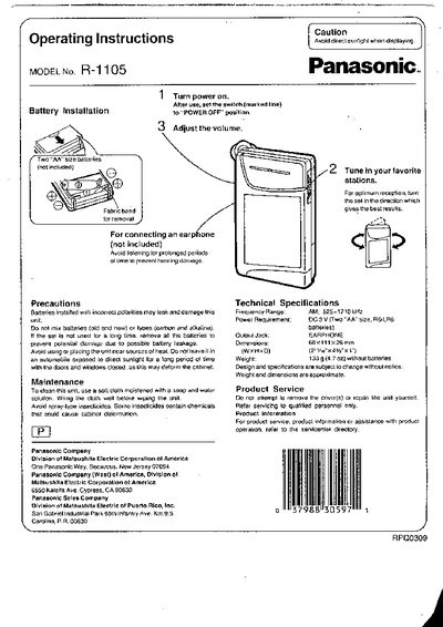 Panasonic R-1105 Portable Radio Operating Instructions - cover page