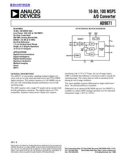 ANALOG DEVICES 10-Bit 100 MSPS A/D Converter AD9071 handbook - cover page