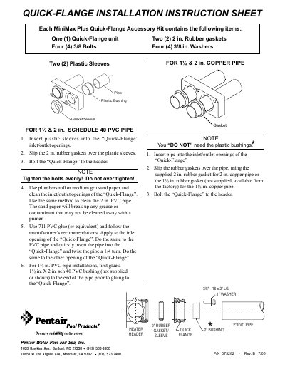 Pentair MiniMax Plus Quick-Flange Installation Instruction Sheet - cover page