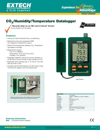 Extech SD800 CO2/Humidity/Temperature Datalogger Specifications - cover page