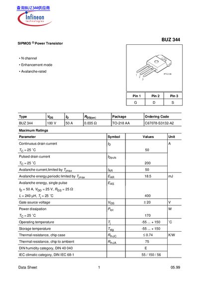 Infineon BUZ 344 SIPMOS Power Transistor Datasheet - cover page