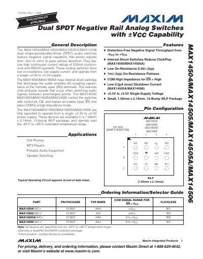 Maxim MAX14504/MAX14505/MAX14505A/MAX14506 Dual SPDT Negative Rail Analog Switches Datasheet - cover page