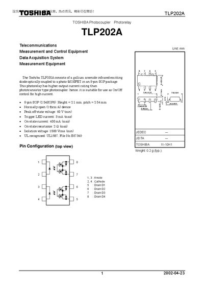Toshiba TLP202A Photocoupler Photorelay Datasheet - cover page