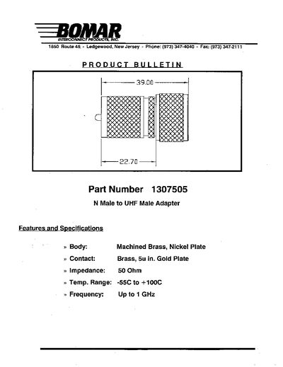 BOMAR PART NUMBER 1307505 N Male to UHF male adapter - cover page