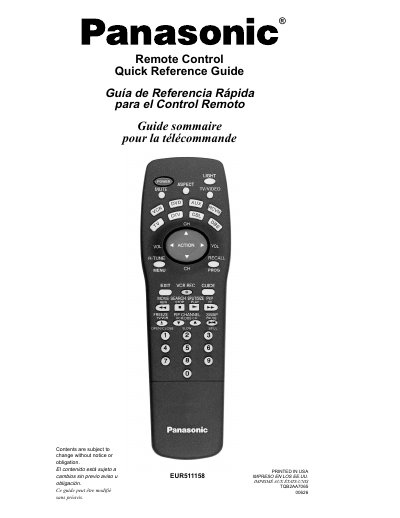 Panasonic EUR511158 Remote Control Quick Reference Guide - cover page