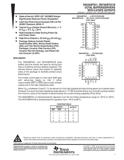 Texas Instruments SN54ABT541 / SN74ABT541B Octal Buffer/Driver Datasheet - cover page