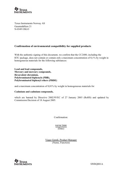 Texas Instruments CC2480 RoHS Confirmation Document - cover page