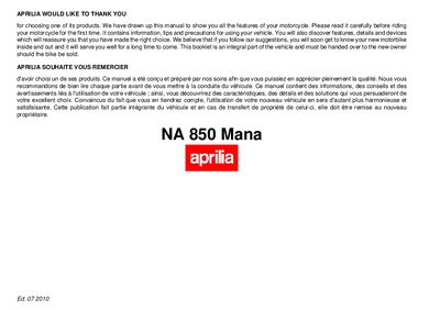Aprilia NA 850 Mana Owner's Manual - cover page