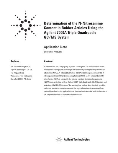 Agilent 7000A Triple Quadrupole GC/MS Application Note for N-Nitrosamine Analysis - cover page