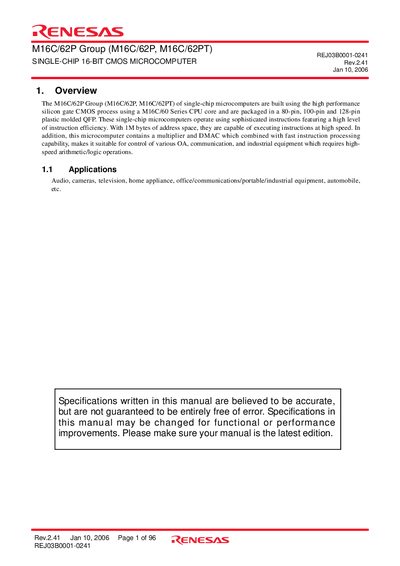 Renesas M16C/62P/62PT Single-Chip 16-Bit CMOS Microcomputer Hardware Manual - cover page