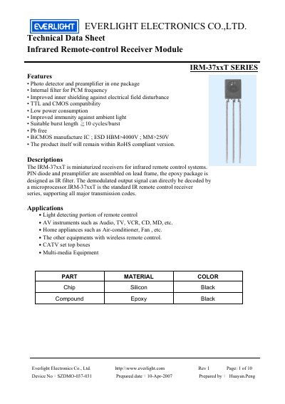 Everlight IRM-37xxT SERIES Infrared Receiver Module Datasheet - cover page