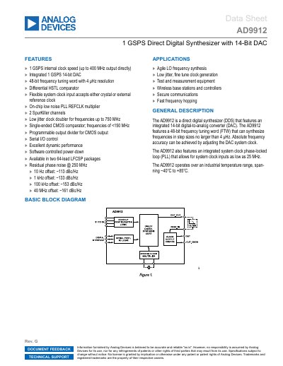 Analog Devices AD9912 1 GSPS Direct Digital Synthesizer with 14-Bit DAC Datasheet