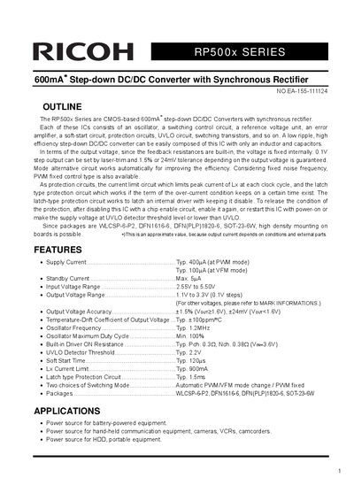 Ricoh RP500x Series Step-Down DC/DC Converter Datasheet